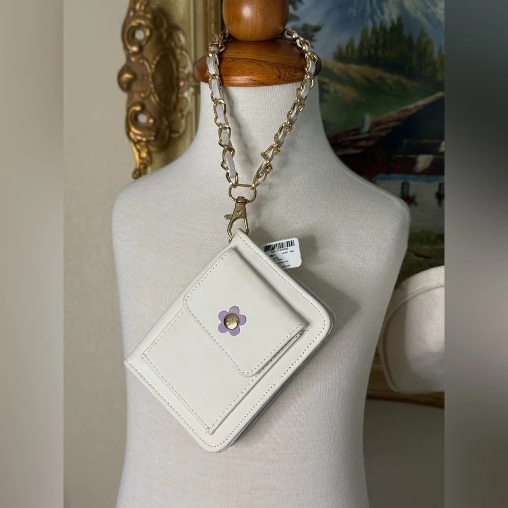 White Wallet with Gold Chain and Purple Flower NWT